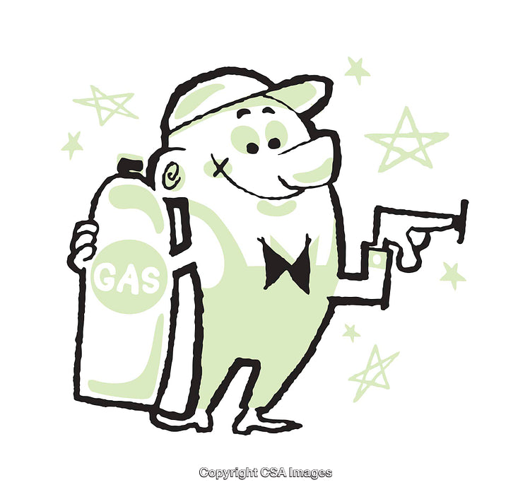 Playful Green Cartoon Character with Gas Tank and Cap Spirited Illustration