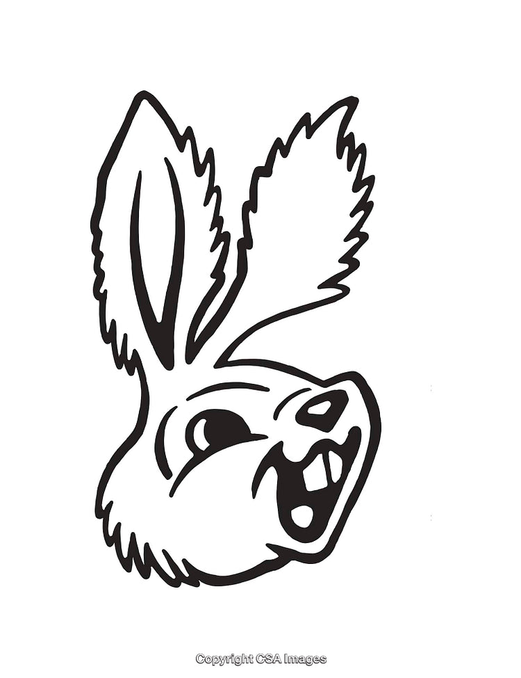 Black and White Line Art of a Smiling Cartoon Rabbit Face