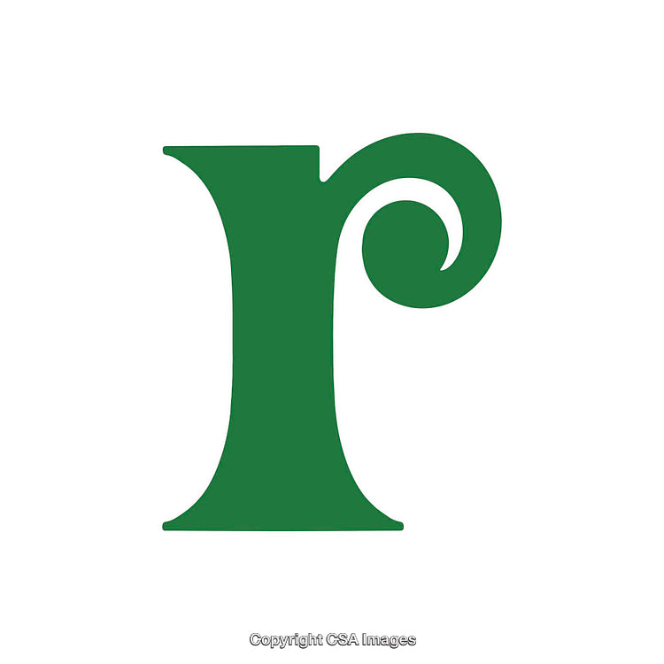 Green Letter R with Stylish Swirl Design on White Background