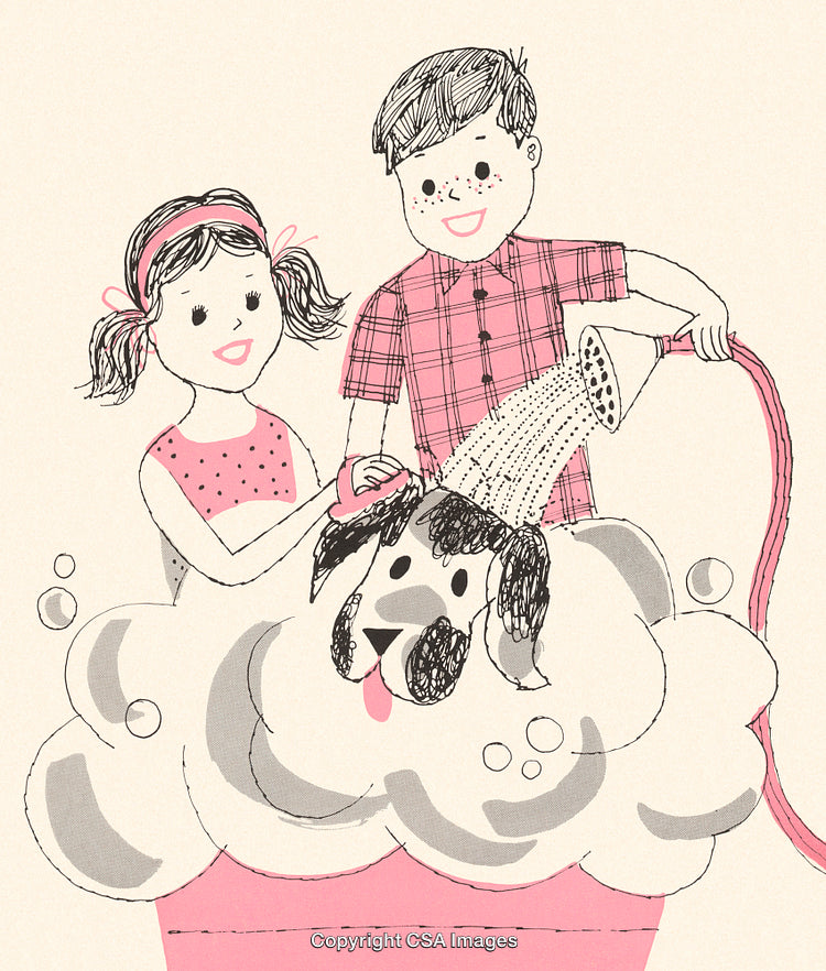 Children Washing a Happy Dog with Suds and a Watering Can