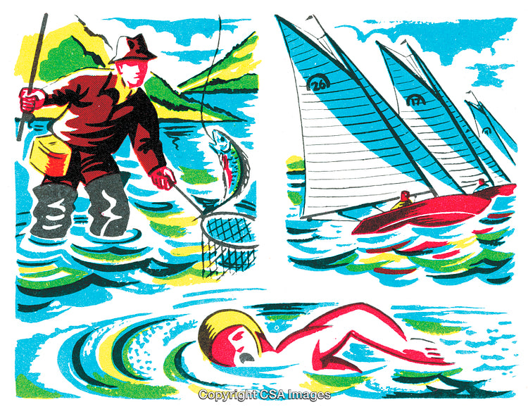 Recreational Activities: Fishing, Sailing, and Swimming in a Scenic Lake Setting