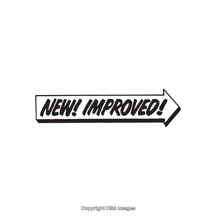 Black and White Arrow with Text Promoting New Features and Improvements