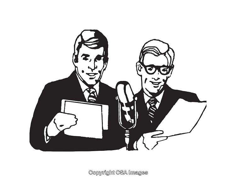 Retro Black and White Line Art of Two Male Broadcasters