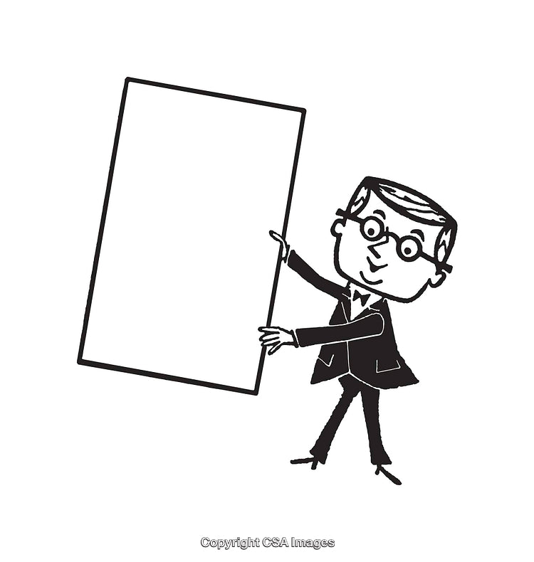 Cartoon Businessman Holding Blank Sign in a Black and White Illustration