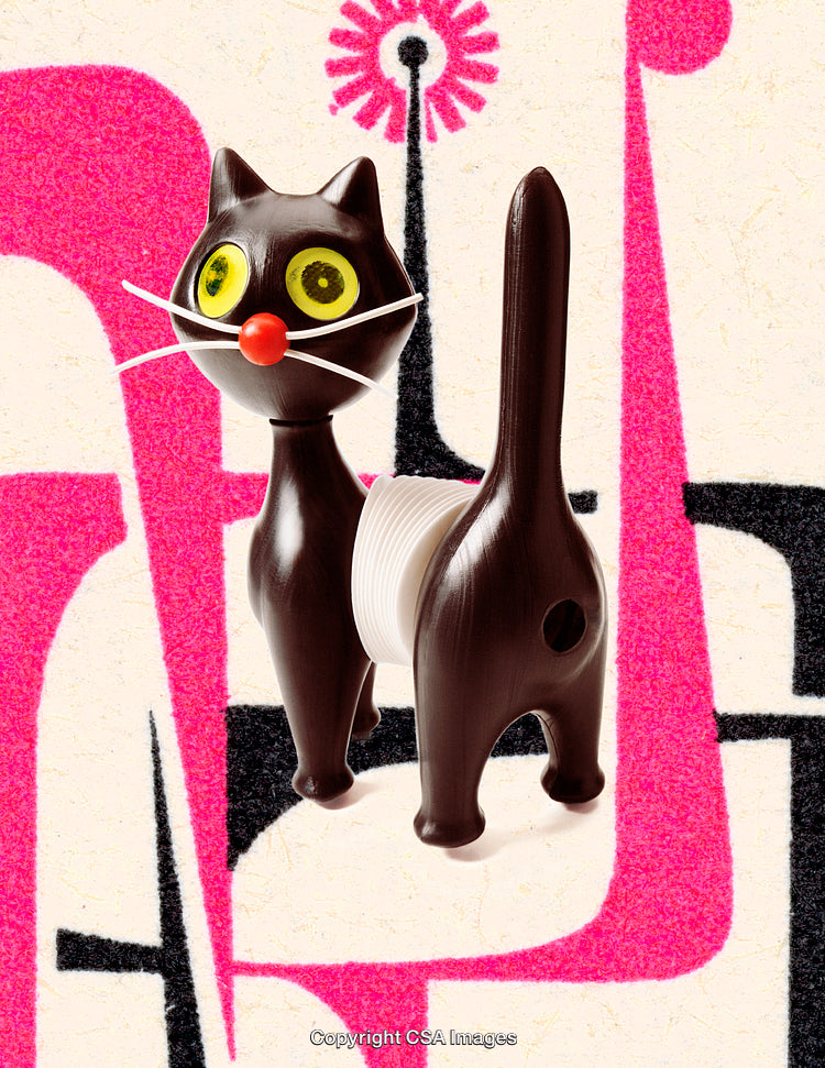 Retro-Inspired Minimalist Plastic Cat Figure with Decorative Background