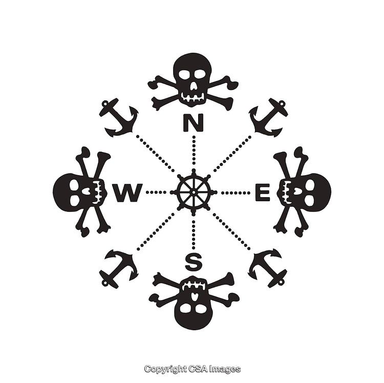 Pirate-Inspired Black and White Compass Illustration With Anchors and Skulls