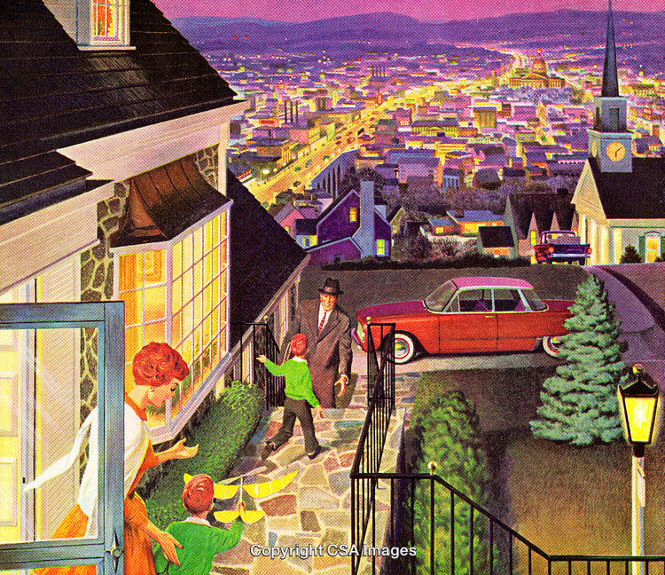 Family Reunion at Home Overlooking a Scenic Urban Landscape at Sunset