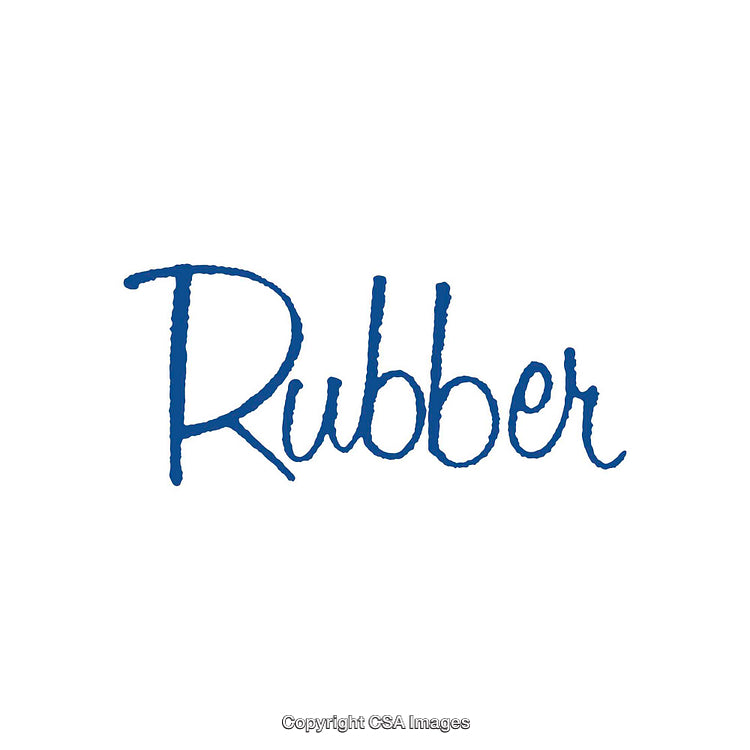 Blue Rubber Word Depicted in Handwritten Font on White Background