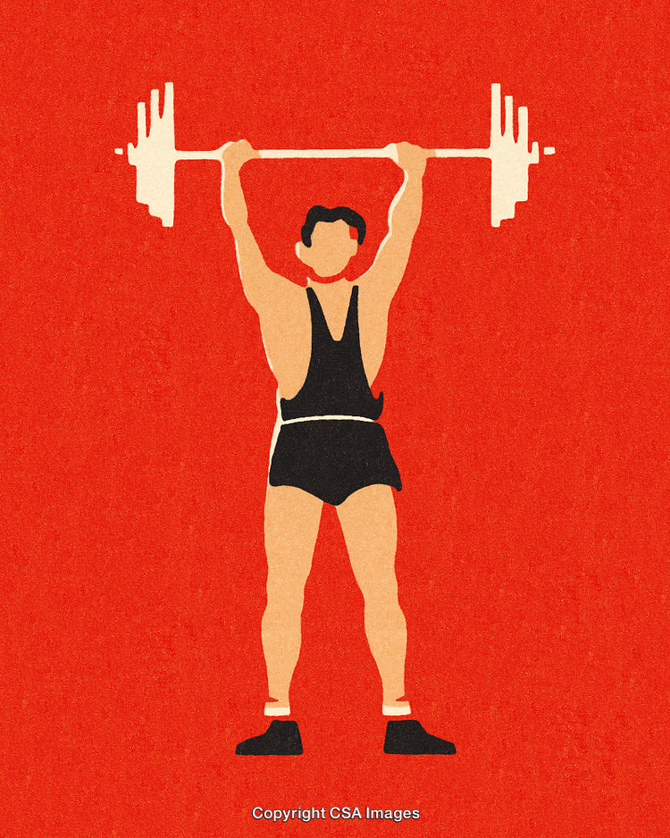 Illustration of a Weightlifter Lifting a Barbell on a Bold Red Background