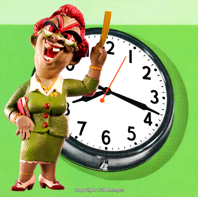 Humorous Teacher Figurine Posing Against Wall Clock Background