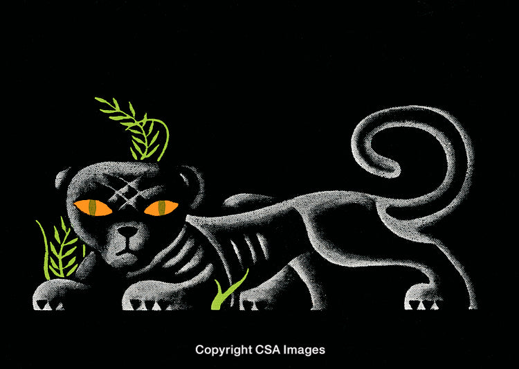 Stylized Illustration of Panther in Jungle with Green Foliage and Dark Background