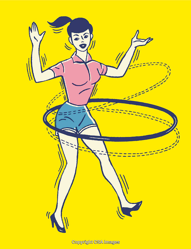 Playful Retro Illustration of Woman Enjoying Hula Hoop Exercise
