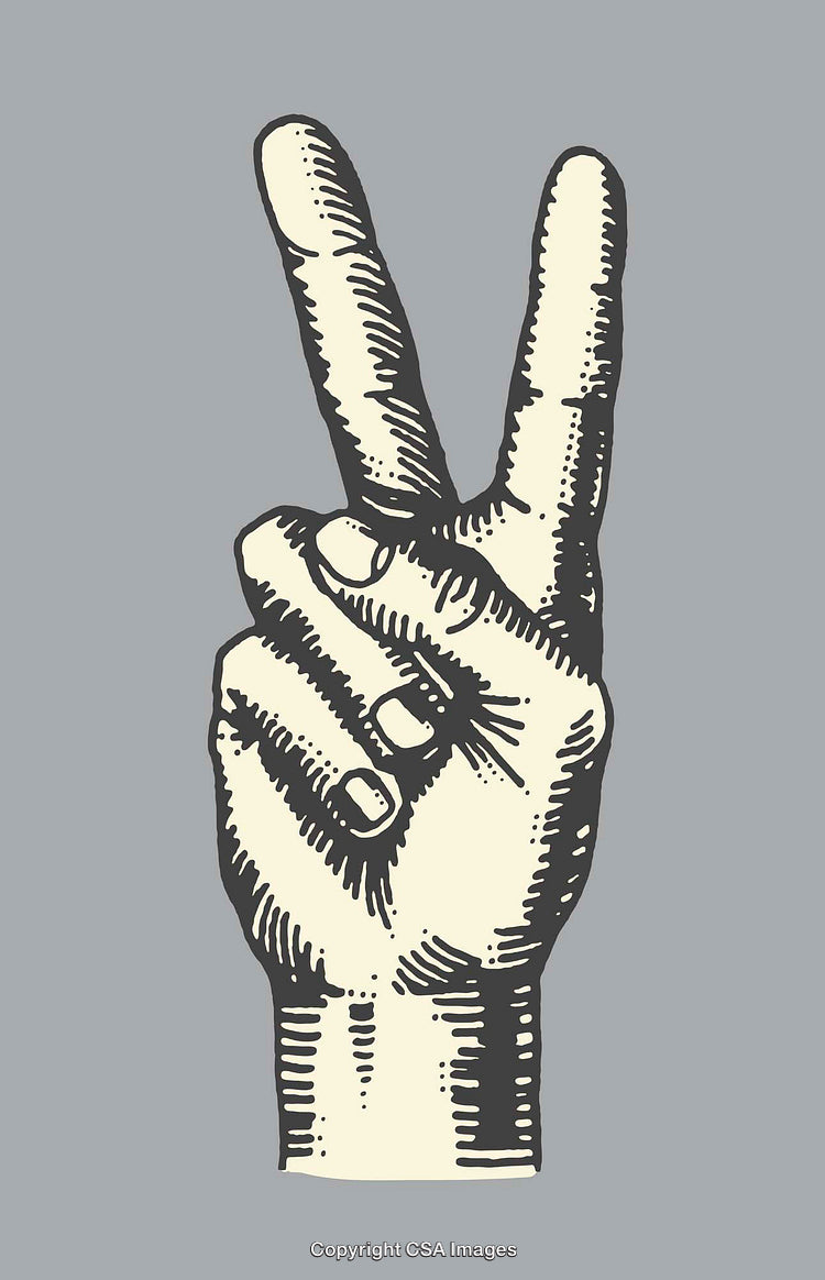 Detailed Hand Gesture Illustration Depicting the Peace Sign in Line Art