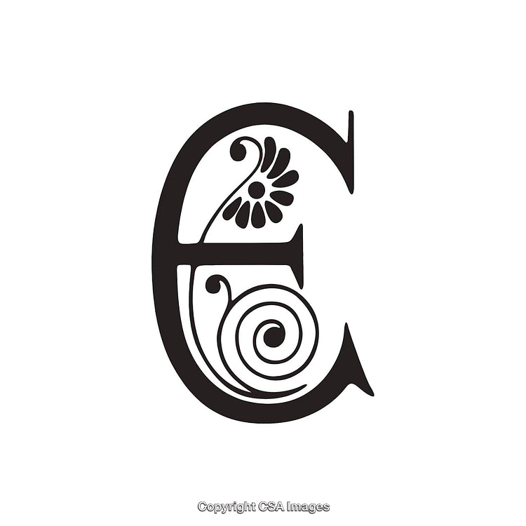 Ornate Decorative Letter E with Floral and Swirl Motif Design