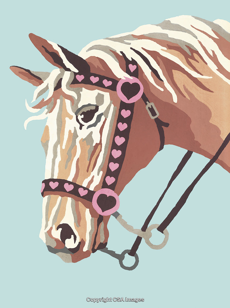 Colorful Illustration of a Horse with Heart-Patterned Harness in Pastel Tones
