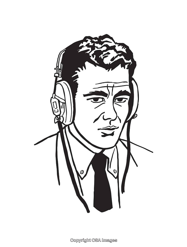 Black and White Illustration of a Man Wearing Headphones