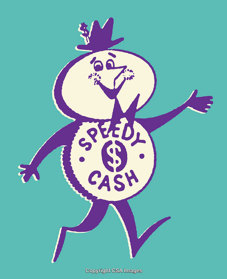 Vintage Speedy Cash Logo Featuring a Cheerful Cartoon Character Design
