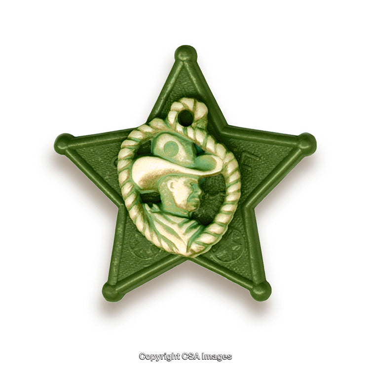 Green Sheriff Badge Shaped Toy With Cowboy Design and Rope Feature
