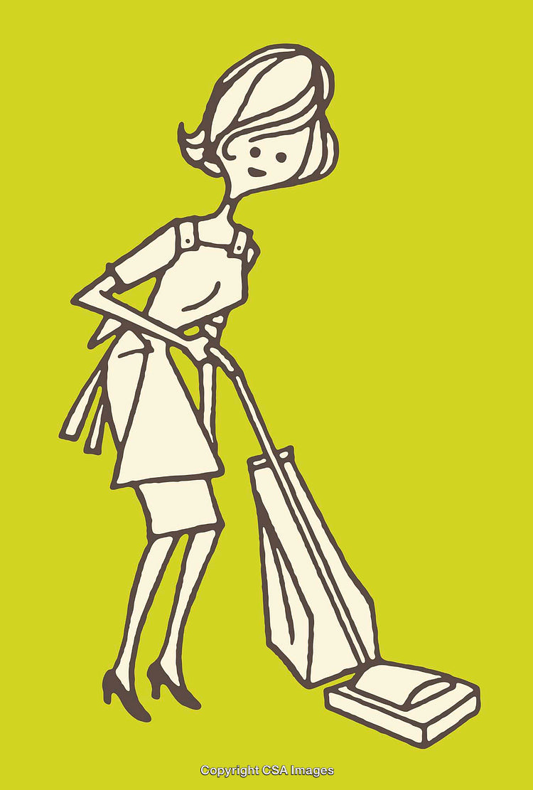 Retro Styled Illustration of a Woman Vacuuming in Yellow Background