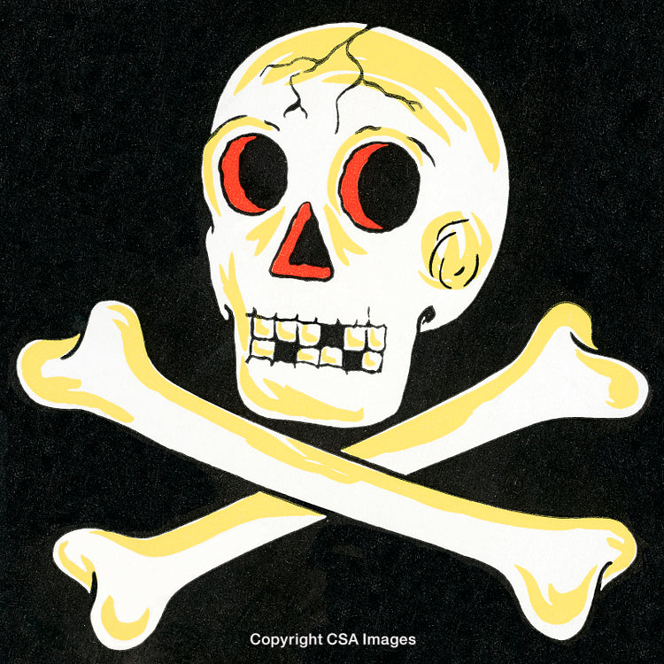 Cartoon Style Skull and Crossbones Illustration with Red Eyes on Black Background