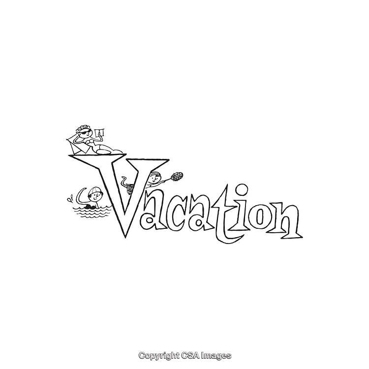 Hand-Drawn Vacation Text Illustration with Fun Outdoor Activities Depicted