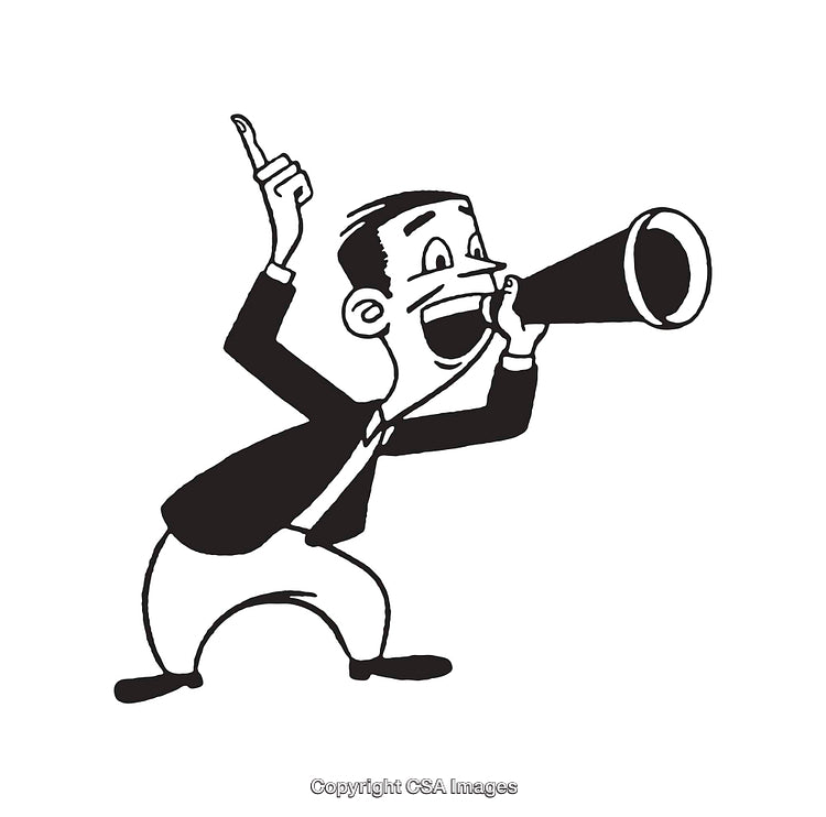 Black And White Cartoon Businessman Shouting Through a Megaphone