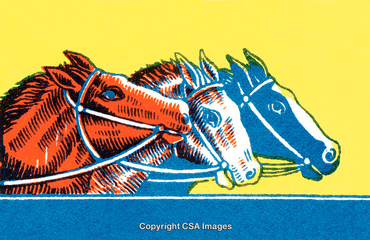 Illustration of Three Horses in Retro Style on Bright Yellow Background