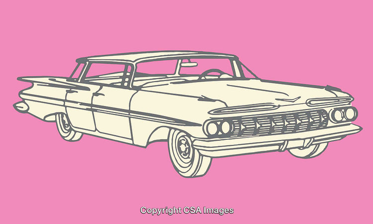 Classic Vintage Car Illustration with Pink Background in Line Art Style
