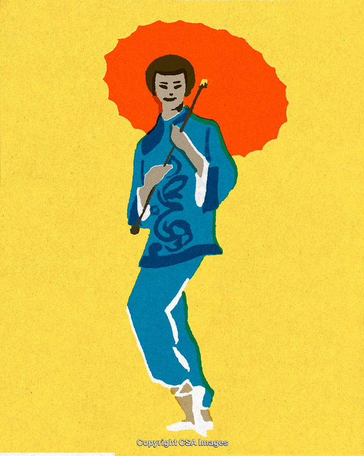 Illustrative Art of a Person With Parasol in Traditional Attire on Yellow