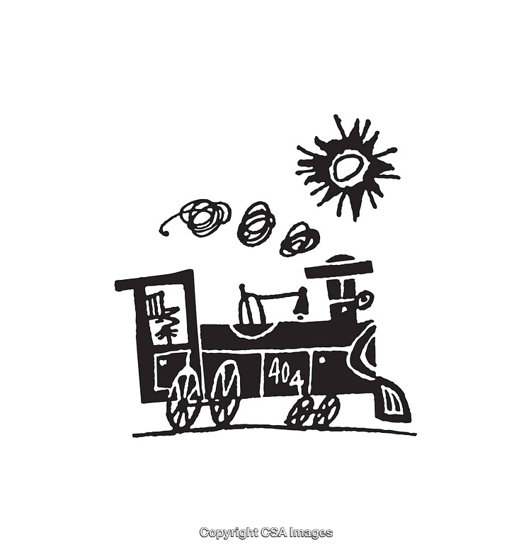 Hand-Drawn Train Illustration with Sun and Steam in Black and White Sketch