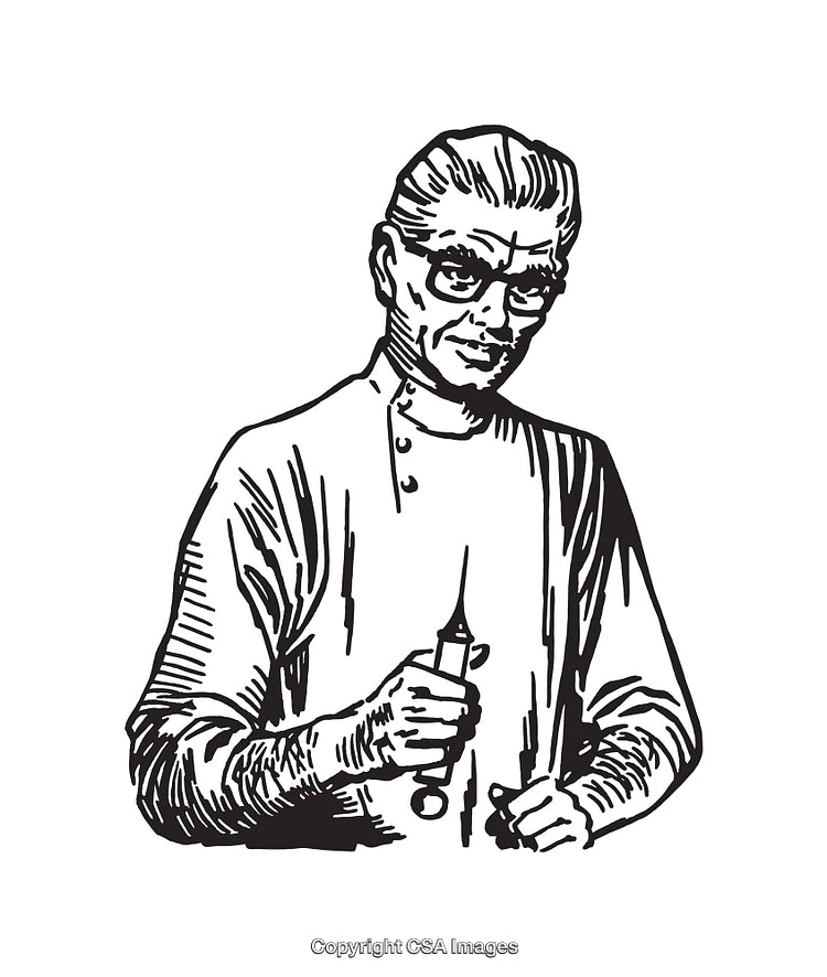 Vintage Line Art Doctor Holding a Syringe in Black and White