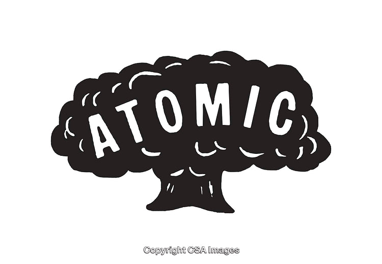 Black and White Atomic Cloud with Stylized Text Illustration