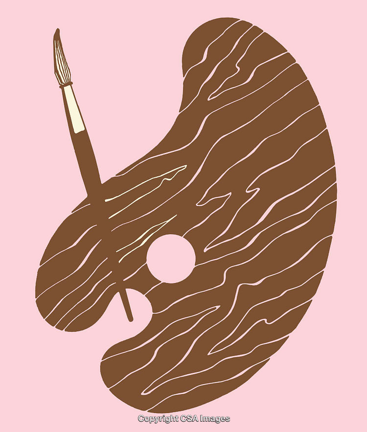 Stylized Illustration of a Paint Palette with Brush in Brown and Pink