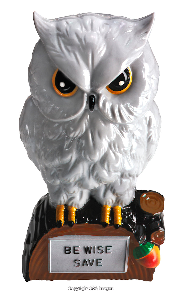 Ceramic Owl Figurine With Savings Message 'Be Wise Save' Displayed