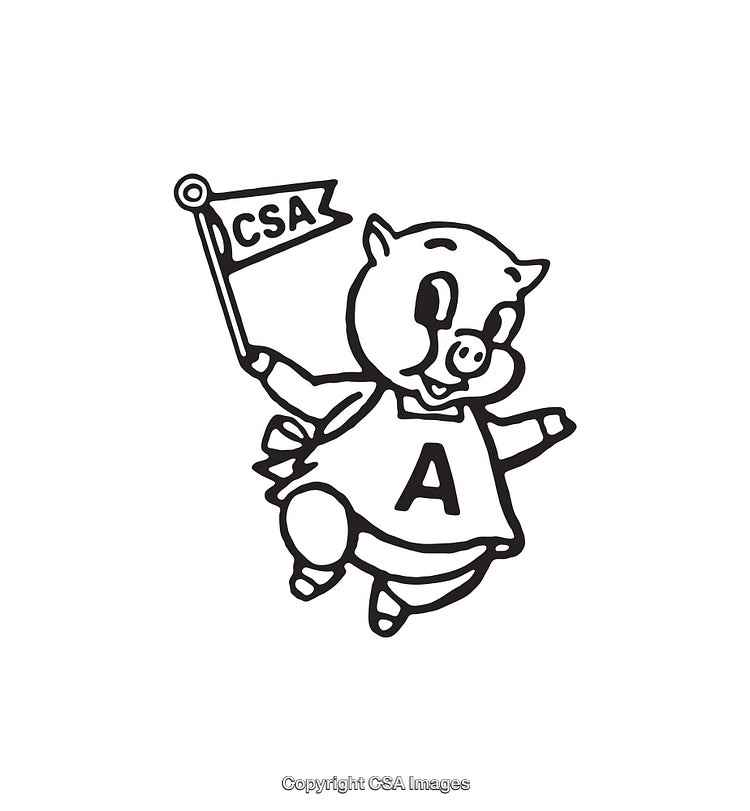 Black and White Line Art of Pig Mascot Holding CSA Flag