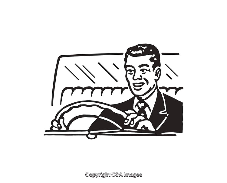 Retro Black and White Illustration of a Cheerful Man Driving Car