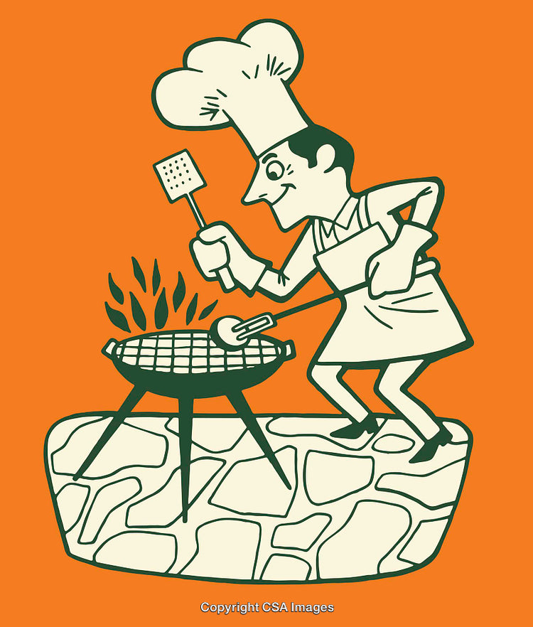 Chef Grilling Food on a Barbecue with Flames and Cooking Tools