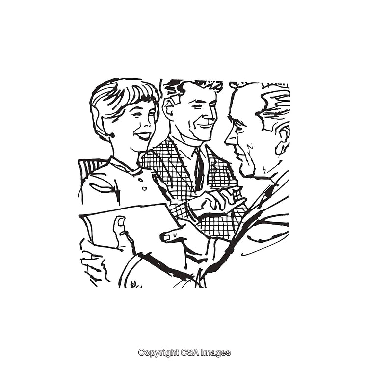 Vintage Line Art Illustration of People Interacting and Smiling Together