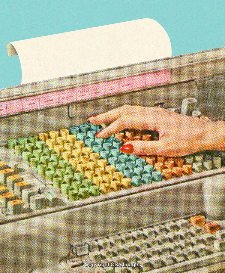 Retro-Styled Hand Operating Colorful Keyboard Against Vibrant Background