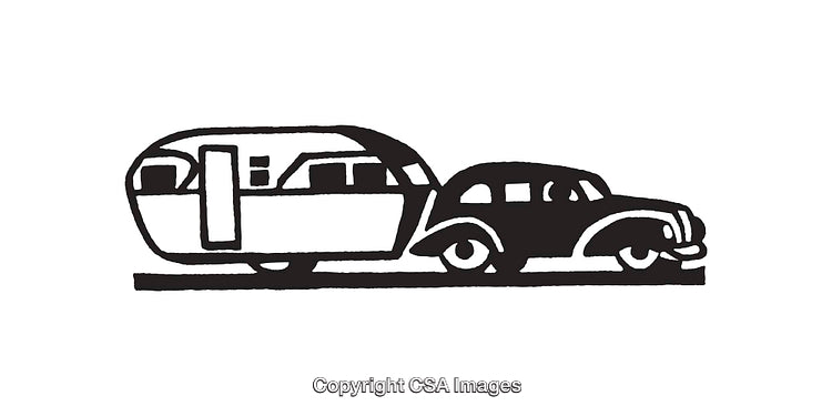 Black and White Line Art of a Car with Caravan