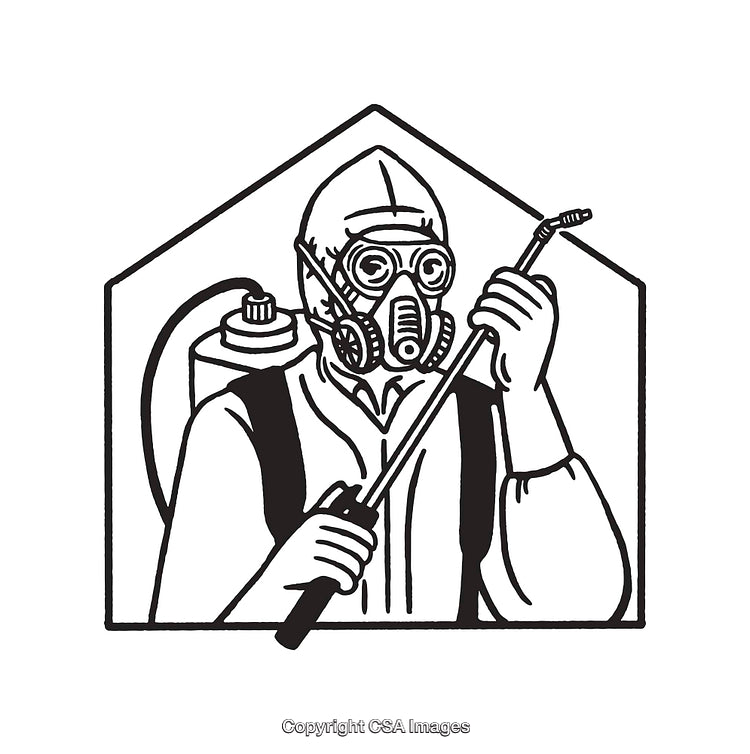 Worker in Protective Gear Spraying Chemicals - Line Art Illustration