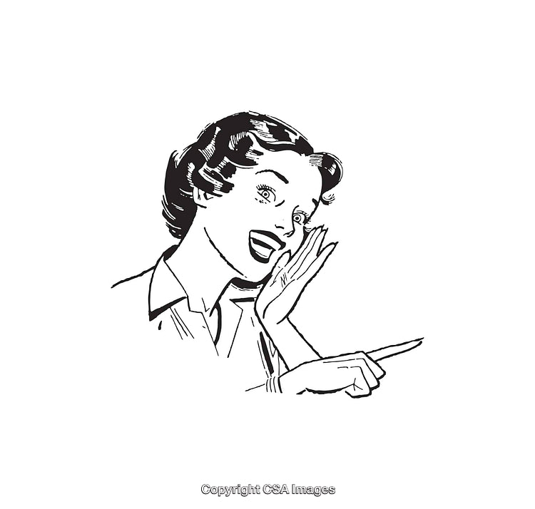 Retro Woman Whispering and Pointing Enthusiastically in Line Art Style