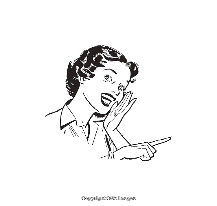 Retro Woman Whispering and Pointing Enthusiastically in Line Art Style