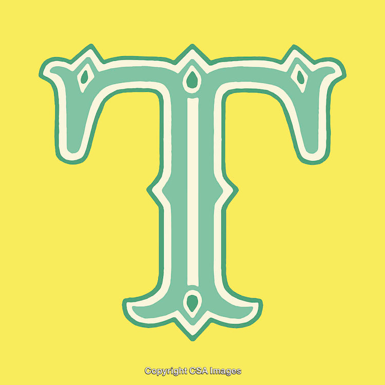 Ornate Green Letter T on Bright Yellow Background Illustration