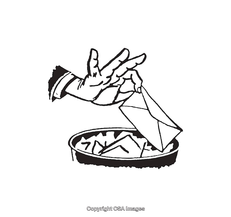 Black and White Line Art of Hand Placing Envelope in Container