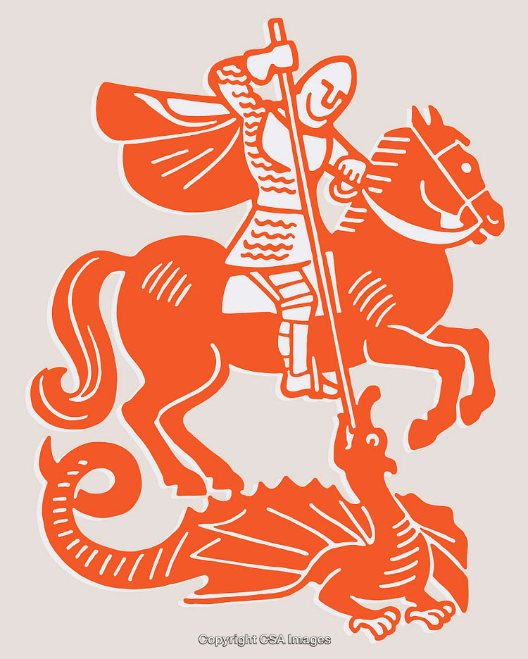 Illustration of Knight Battling Dragon in Vibrant Red Line Art