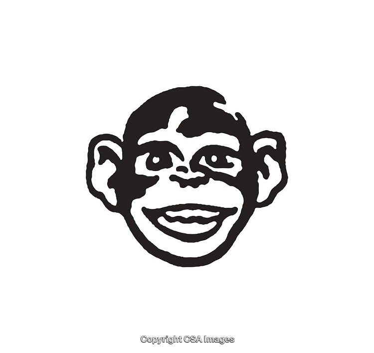 Black and White Line Art Illustration of a Smiling Monkey Face