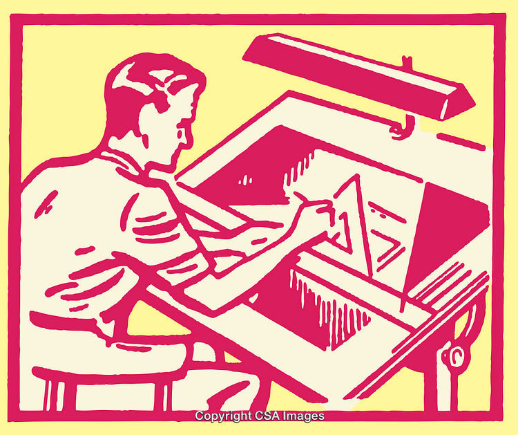Retro Color Illustration of a Draftsman Working at a Desk