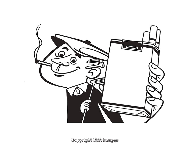 Retro Line Art of Person Holding a Cigarette and a Pack