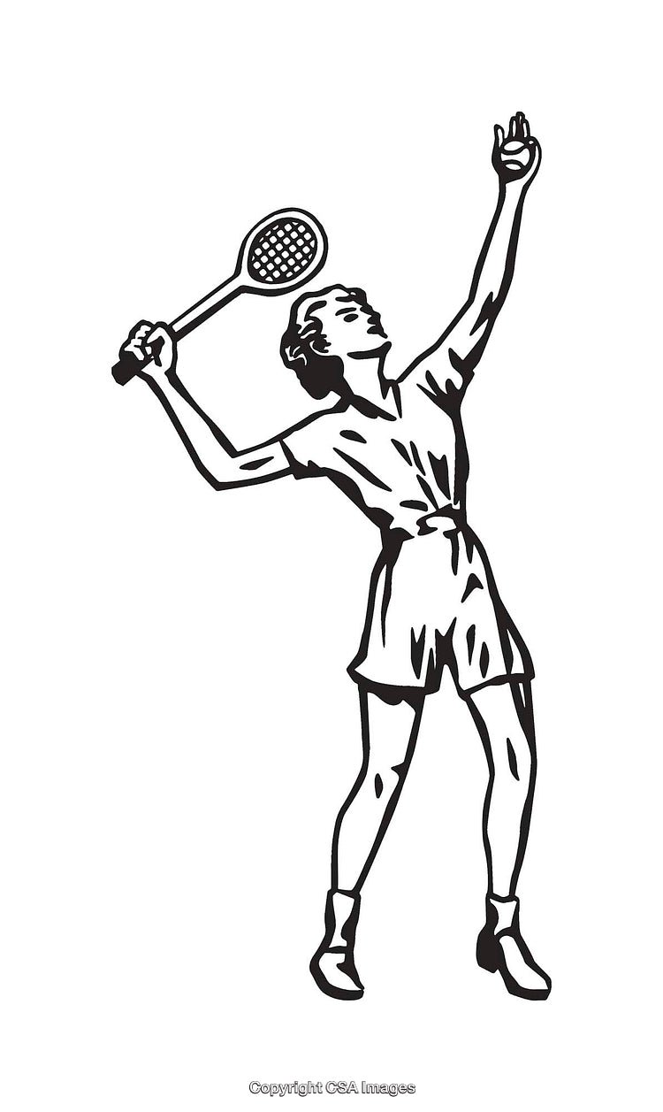Vintage Black and White Illustration of a Woman Playing Tennis